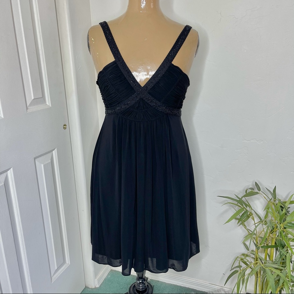 BCBG MAXAZRIA Black Beaded Ruched Bodice Dress Sz8